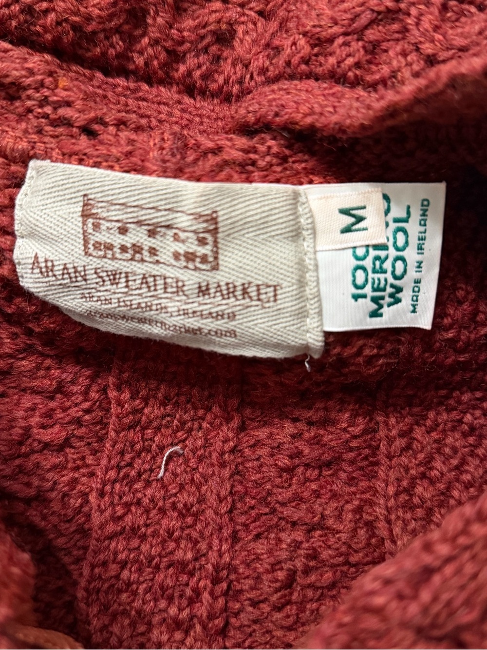 Aran Merino Wool Cable Knit Hooded Zip Cardigan – Rust Red, Size Medium - Picture 14 of 14